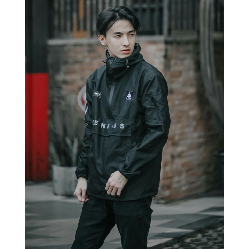 GENIOUS Full Hitam Jaket Cougle Jaket Parasut Jaket Pria Jaket Outdoor