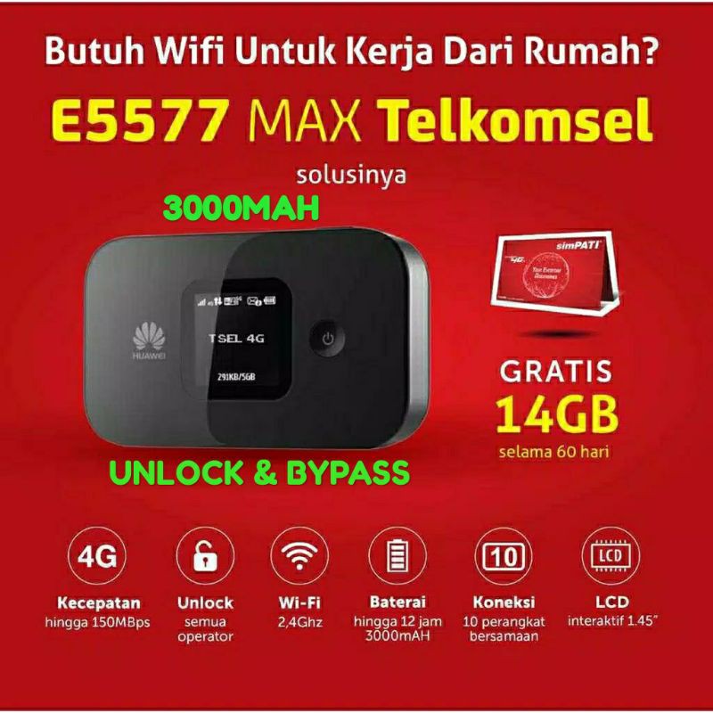 Modem Wifi 3000mah Huawei E5577 MAX Mifi Unlock Operator GSM Free Telkomsel 14GB 2 bulan