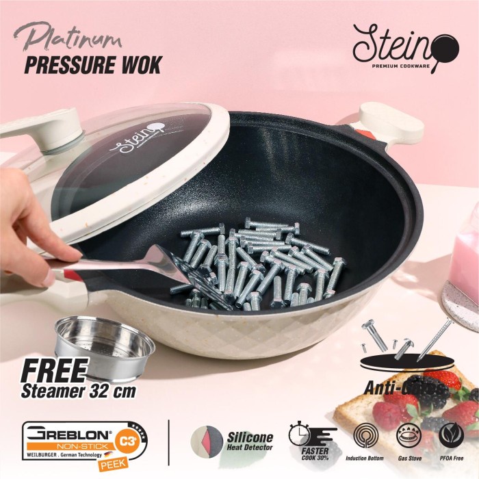 Steincookware Platinum Pressure Wok Pan 32 Cm + Steamer Stainless - Brown Gold _Art