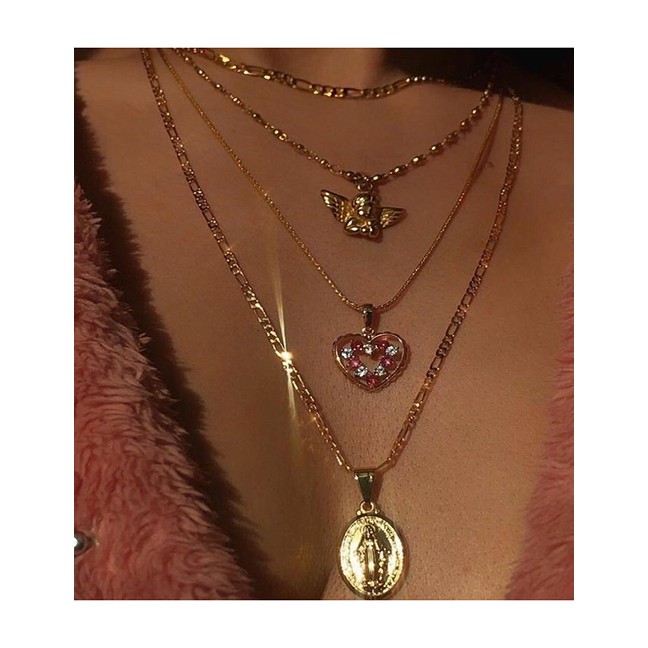 LRC Kalung Fashion Golden Angel Love Diamond Geometric Alloy Multilayer Necklace K70621