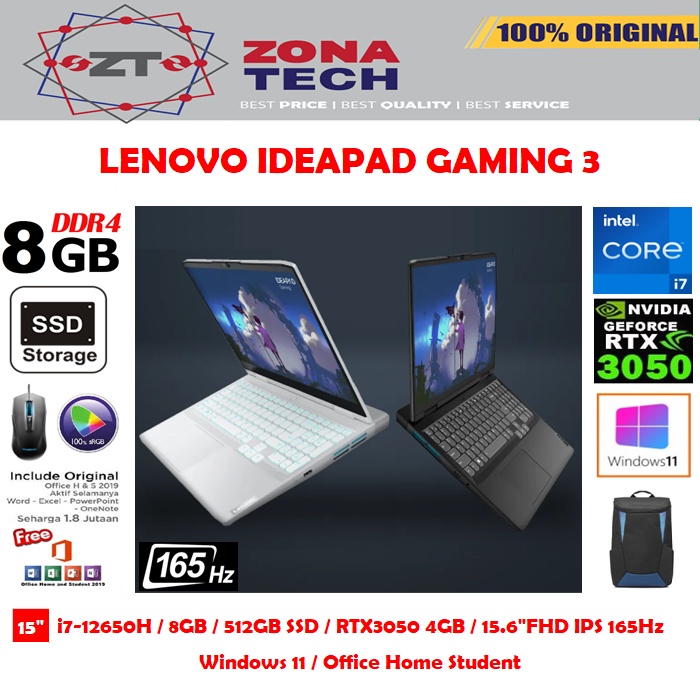 LENOVO IDEAPAD GAMING 3i - i7-12650H - 16GB RAM - 512GB SSD - NVIDIA RTX3050 4GB - 15.6&quot;FHD IPS 165Hz - WIN11 - OHS