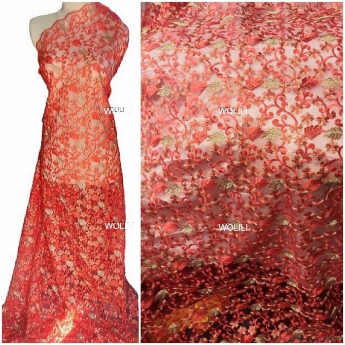 Kain Tile Tulle Dua warna Brukat Kebaya Brokat Merah Emas 150cm -50cm
