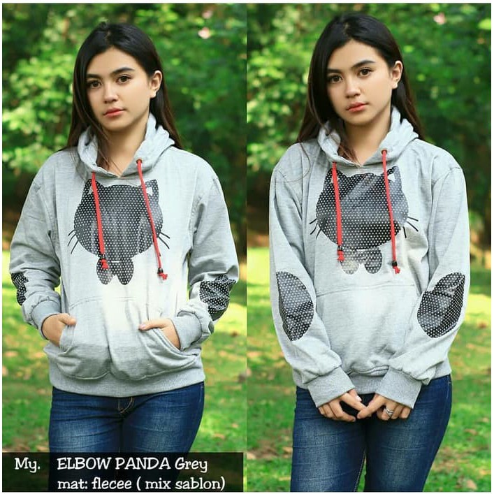  SWEATER  HOODIE PANDA ELBOW GREY sweater  hoodie wanita 