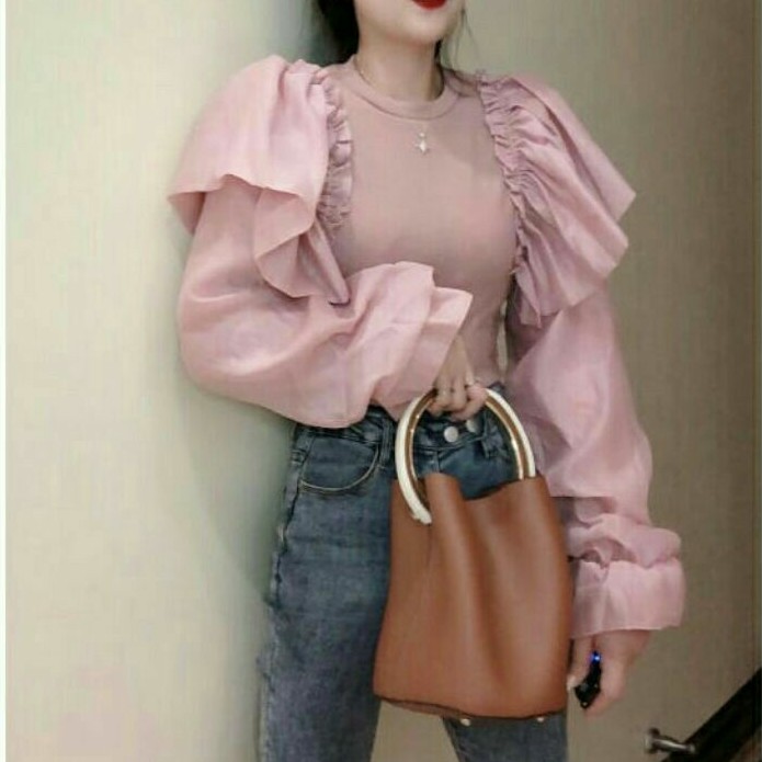 0733 REALPICT Baju atasan blouse top rib ruffle lengan balon wanita baju blouse rajut cewek import