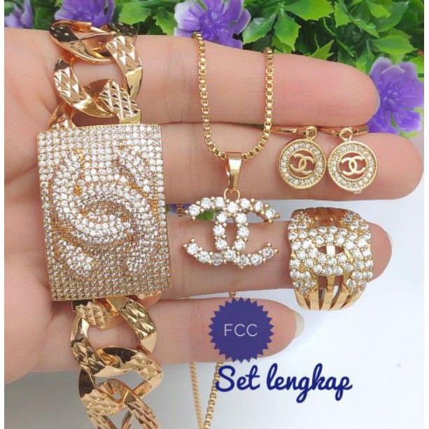(OKT) Set Perhiasan Lapis Emas Xuping Gelang Kalung Cincin Anting Permata Chanel Gold Mewah Titanium