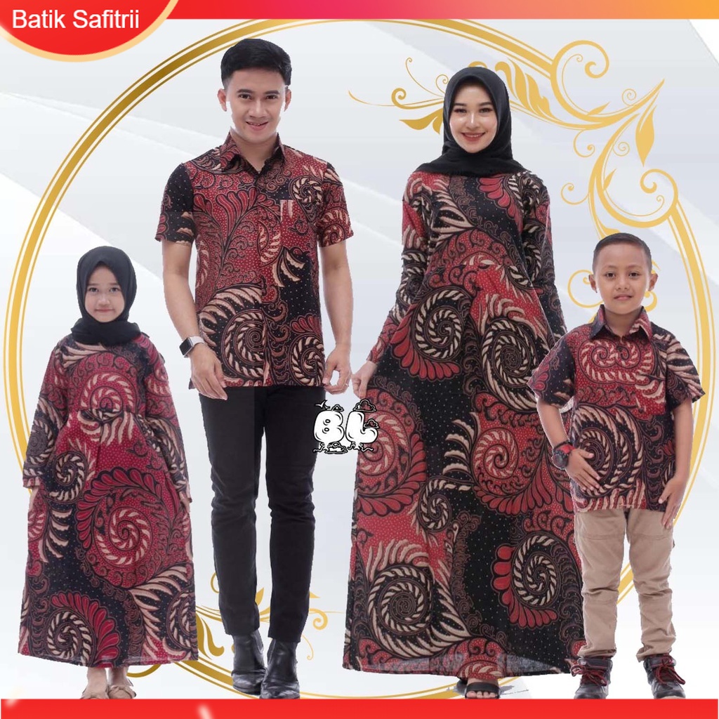 Couple Keluarga - Batik Keluarga Hijab - Ibu Bapak Anak - Motif Puser Merah - Dress Tunik Blus Hem K
