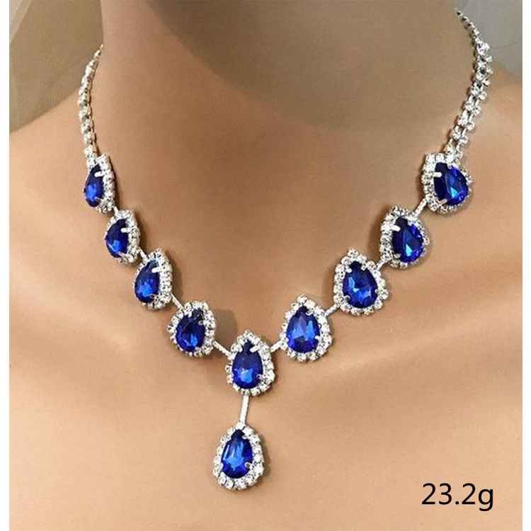 Kalung Bahan Stainless Steel Aksen Zircon Warna Biru Untuk Wanita