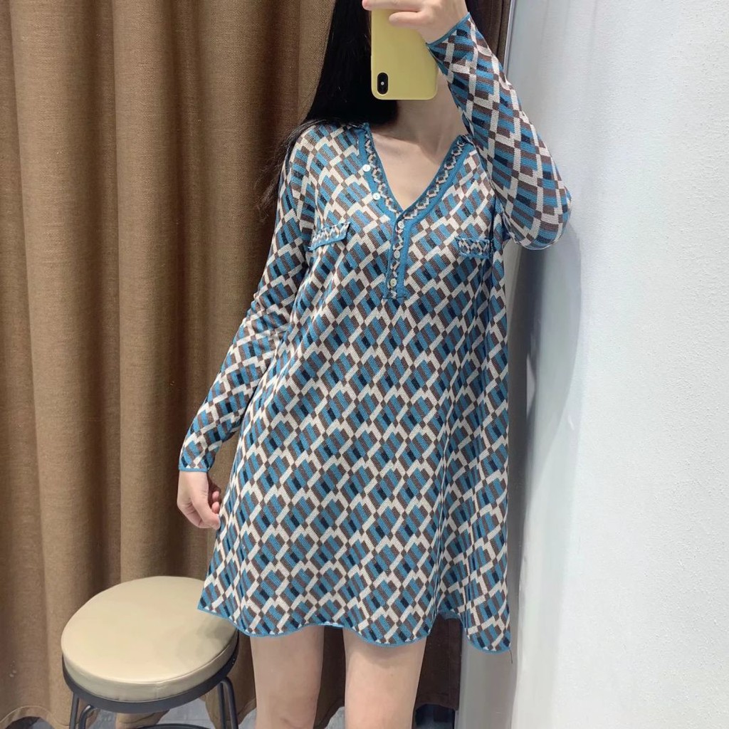 Dress Rajut Import Gaya Korea Pattern Vneck Lengan Panjang 52218