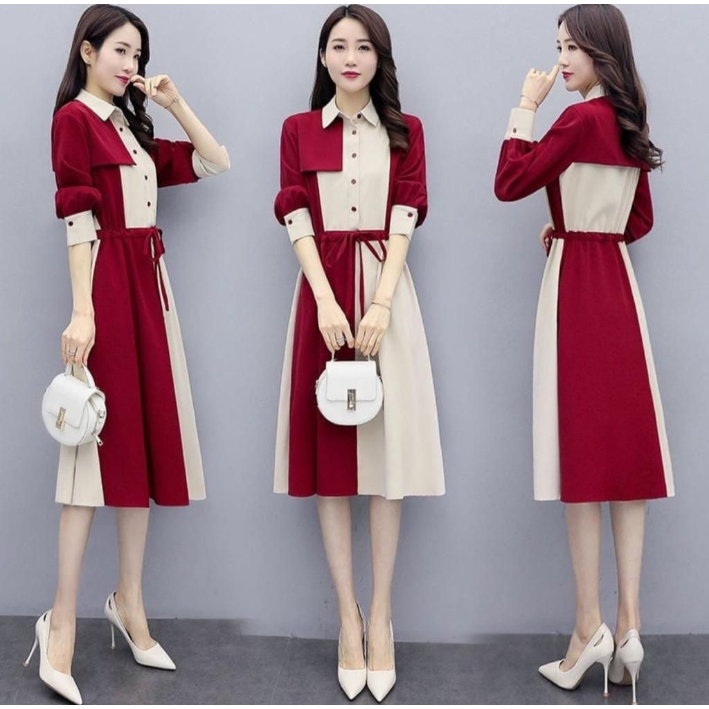 Dress Shibi - Dress TwoTone Wanita Terbaru - Dress Formal Perempuan - Pakaian Wanita