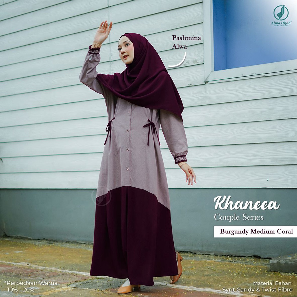 Gamis Khaneea  Burgundy Medium Coral | Gamis Set Emerland |Baju Couple Keenan Khaneea By Alwa Hijabb