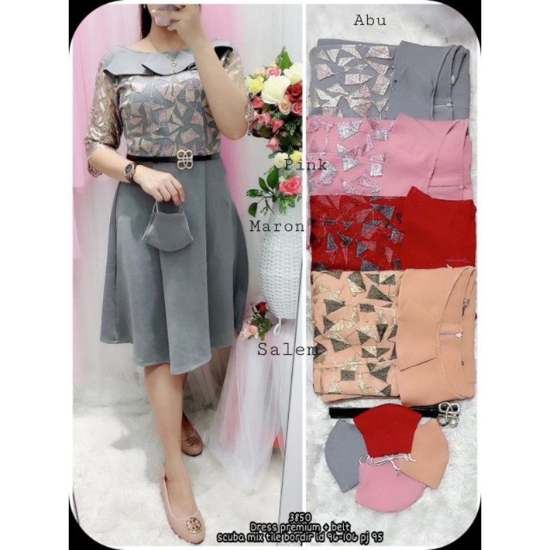 Dress premium + belt Premium scuba mix tile bordir 3850