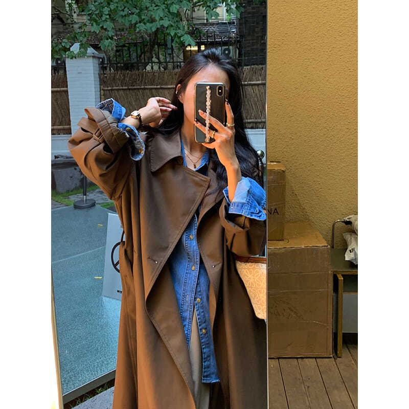 Suhao kemeja denim gaya Jepang wanita mantel atas lengan panjang kasual longgar setengah panjang-&amp;**