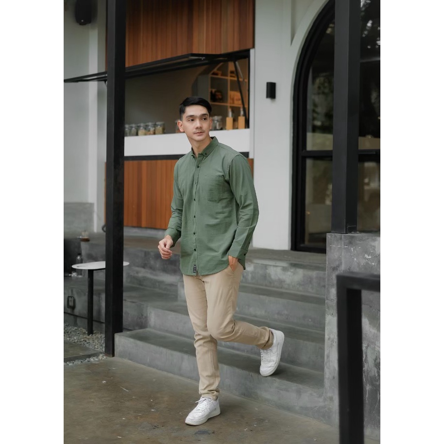 NESS kemeja katun linen panjang kemeja katun lengan panjang kemeja pria bahan katun  linen kemeja pria atasan pria lengan panjang kemeja panjang katun kemeja katun panjang 01 SAGE GREEN