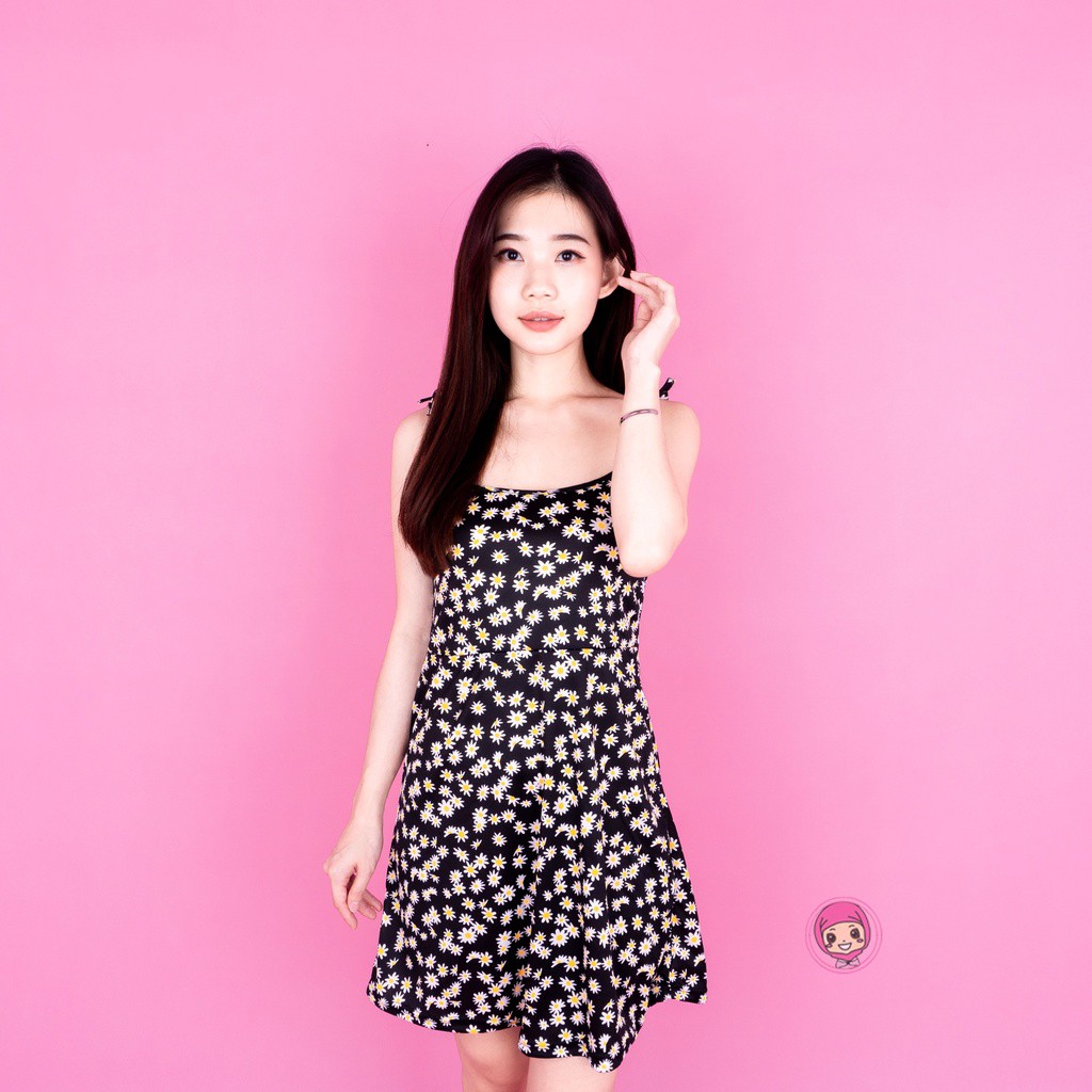 GS - Dress Tali Sunny - Dress Print Daisy Tali Spaghetti / Mini Dress Wanita Korean Style