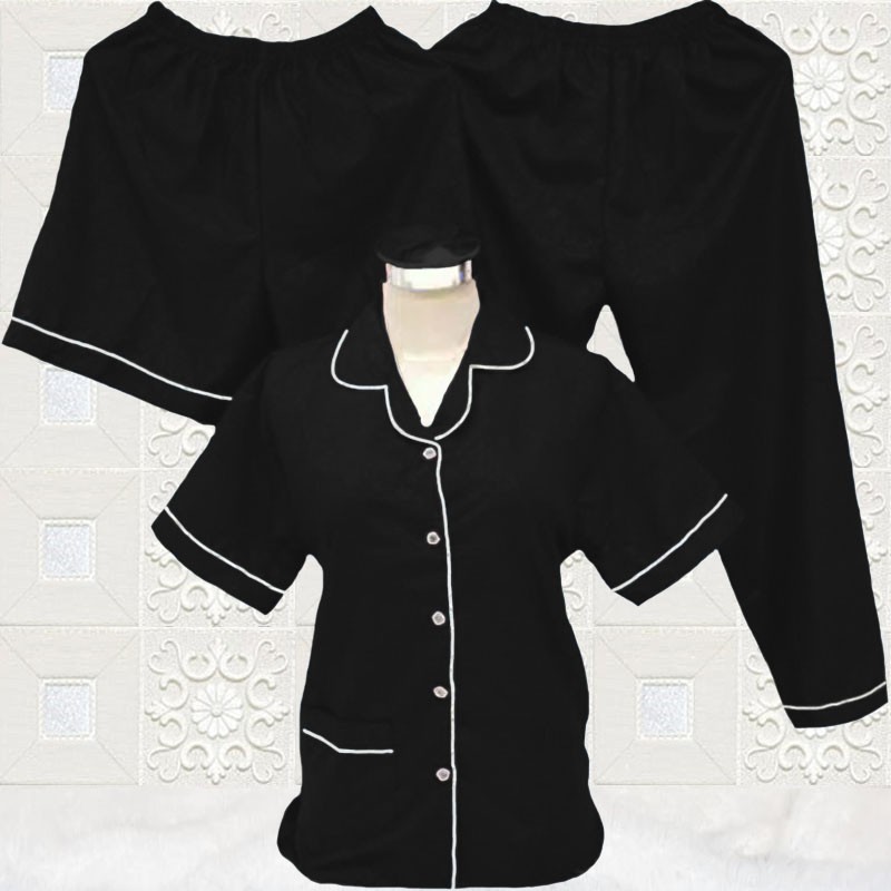 ISANNY PIYAMA SET SATEN EMBOS 3IN1 L/PIYAMA DEWAS/READY 20 WARNA-HITAM