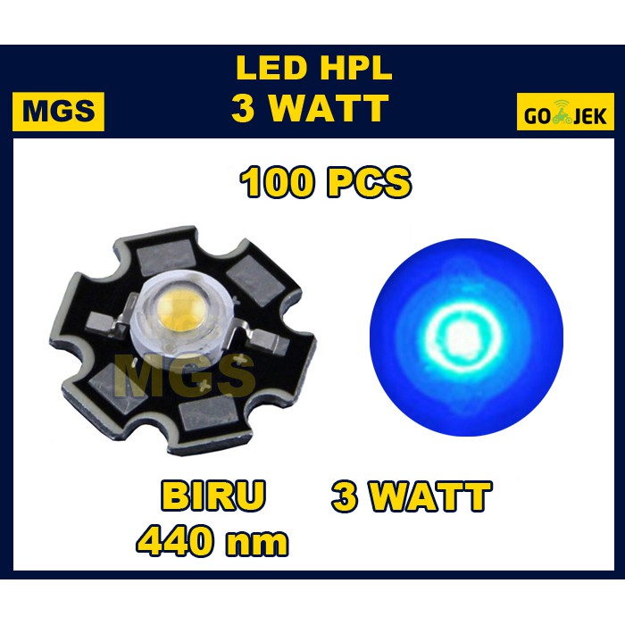 100 Pcs LED HPL 3w Biru 440NM + Pendingin