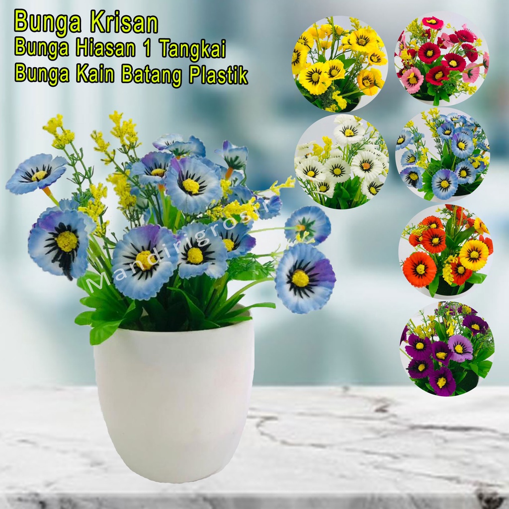 Bunga Hiasan *Bunga Krisan + Vas Bunga * Bunga Kain Batang Plastik