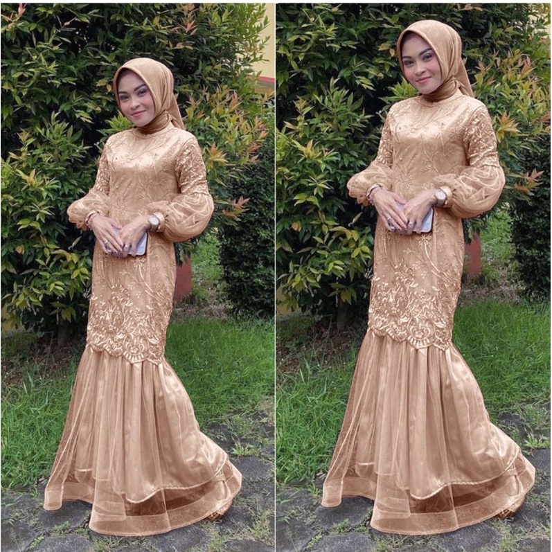 Maxi Amber Gamis Tile Mutiara Kombinasi Tile Kaca Korea - Dress Pesta dengan Furing Belakang Moscrep