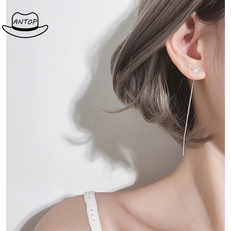 1 Pasang Anting Stud Rantai Rumbai Panjang Desain Kupu-Kupu Gaya Minimalis Untuk Hadiah Natal ANTOP