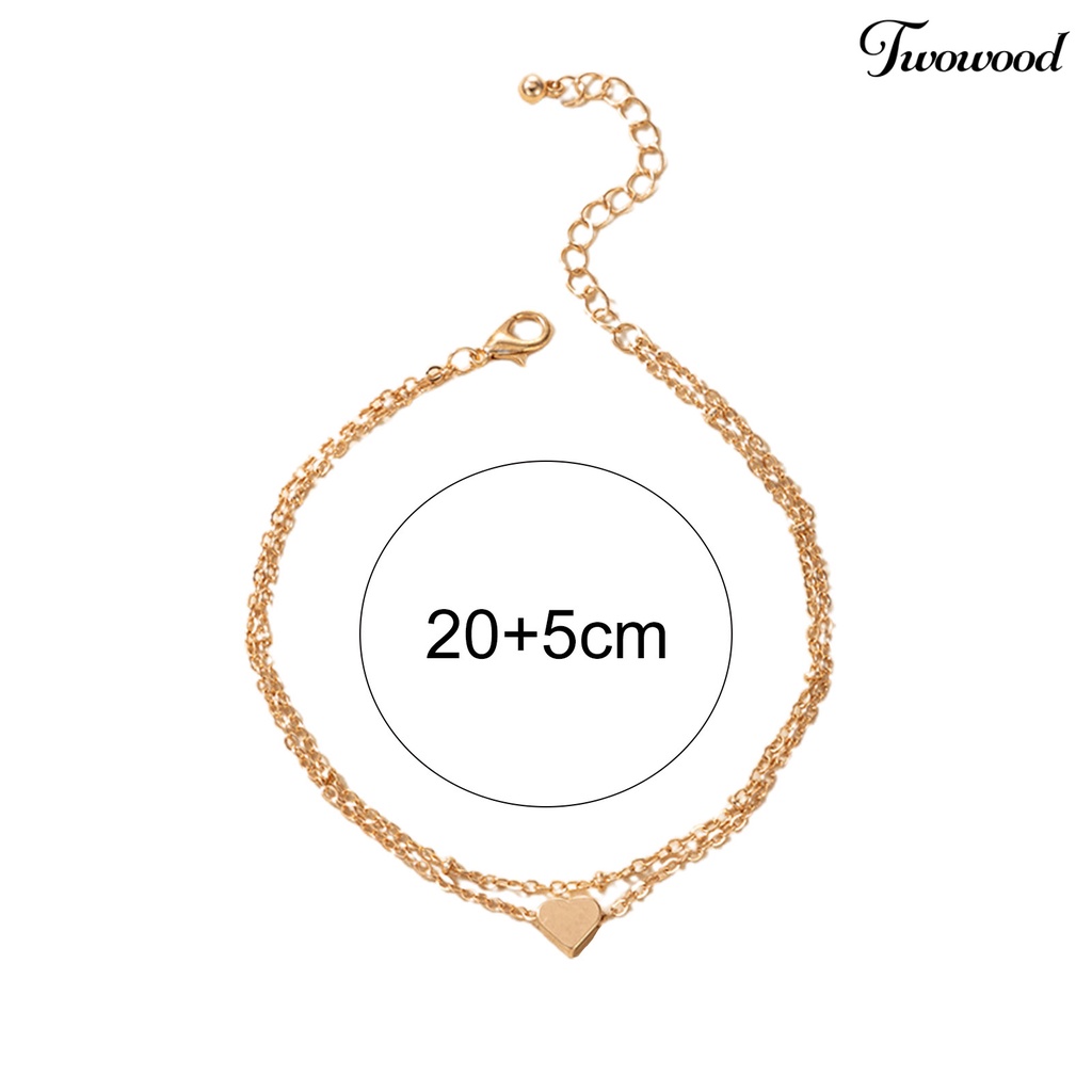 Twowood Double Layered Women Anklet Heart Pendant Alloy Adjustable Elegant Chain Anklet Foot Jewelry