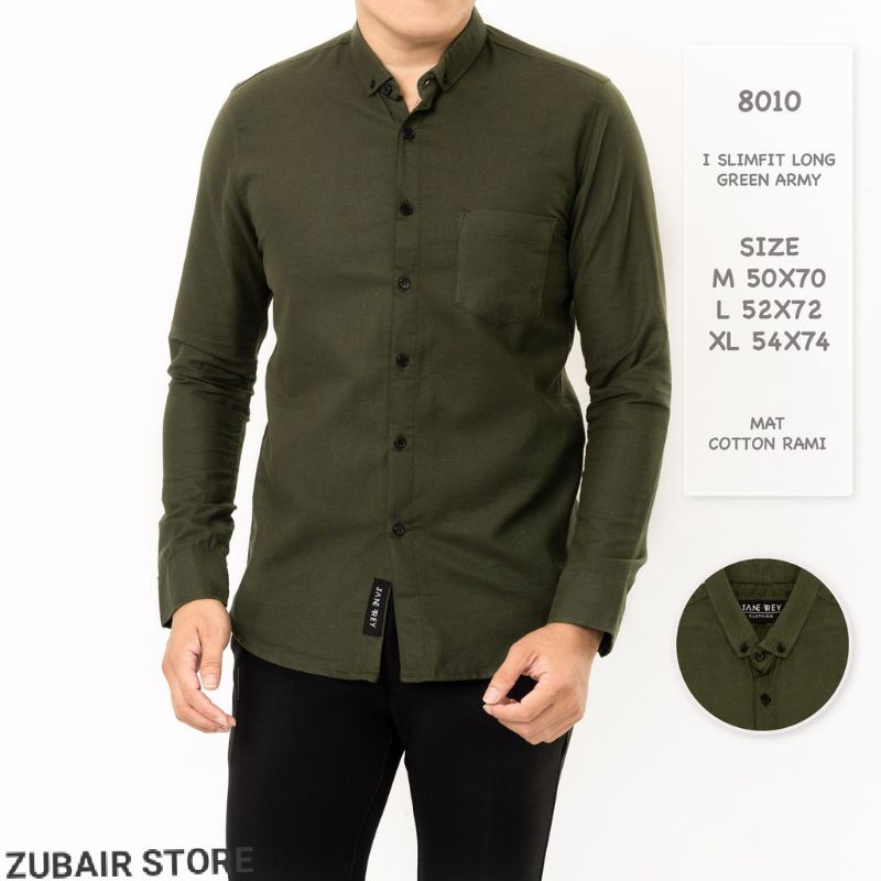 Kemeja polos pria lengan panjang slimfit warna army