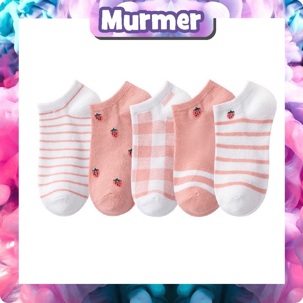 MurmerOfficial Kaos Kaki Wanita Motif Kotak Pink Strawberry Fashion Korea Women Sock Import R601