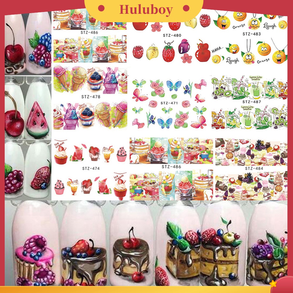 Huluboy Huluboy♡ 18 Lembar Stiker Decal Transfer Air Bentuk Es Krim / Kue / Buah Warna-Warni Untuk Nail Art