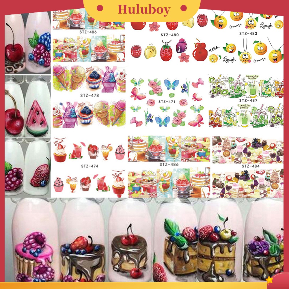 Huluboy Huluboy♡ 18 Lembar Stiker Decal Transfer Air Bentuk Es Krim / Kue / Buah Warna-Warni Untuk Nail Art