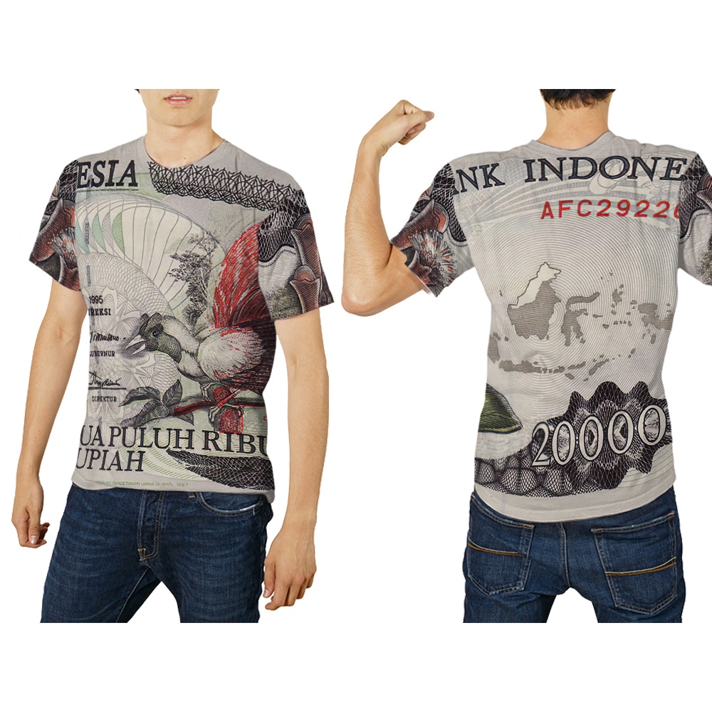 TiniShop - Kaos Uang Kuno Indonesia / Tshirt Pria Motif uang Kuno Pecahan 20000 FullPrint