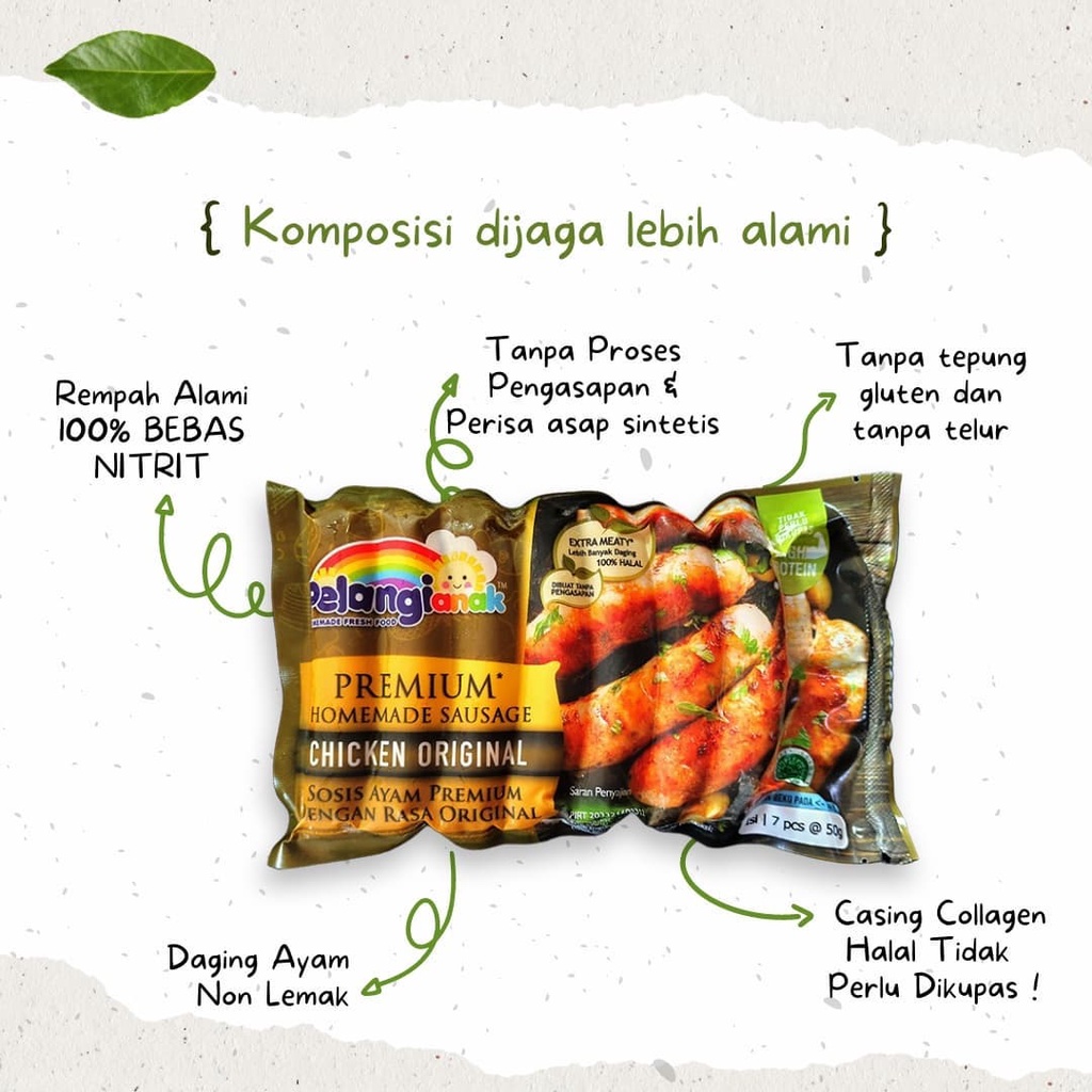 Sosis Ayam Original Homemade Premium Non Msg &amp; Non Pengawet Pelangi Anak Kemasan 350g isi 7 Pcs - Sehat Alami Original