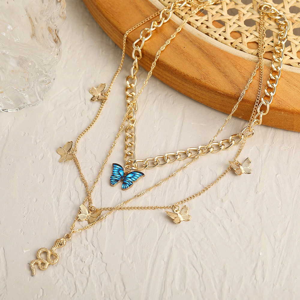 【COD Tangding】3 Pcs / set Kalung Multilayer Panjang Bentuk Ular Butterfly Warna Biru Emas Gaya Retro Eropa Amerika