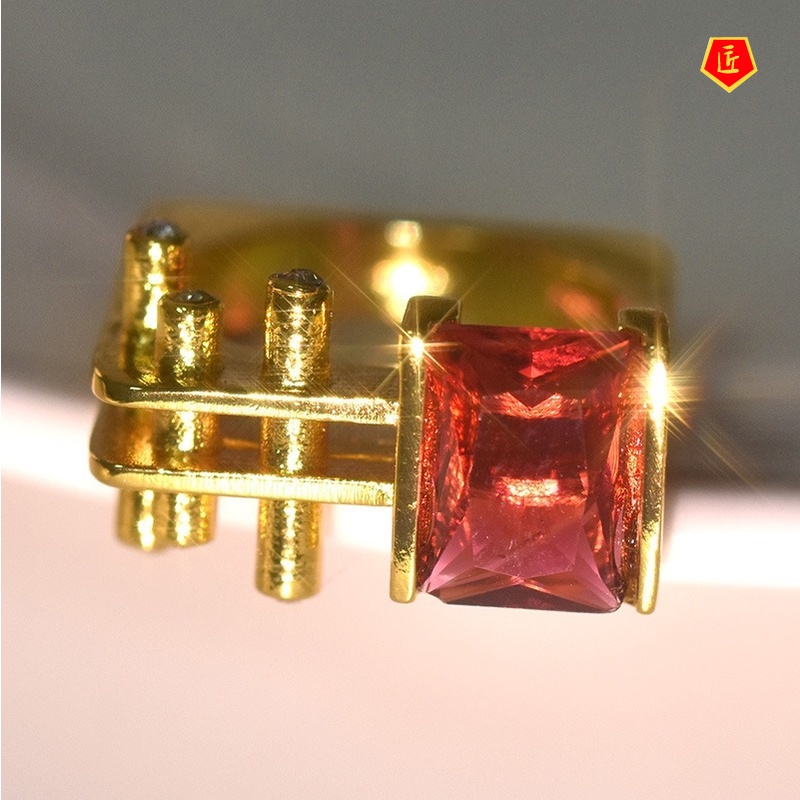 [Ready Stock]Temperament Personality 18K Gold Ruby Geometry Ring