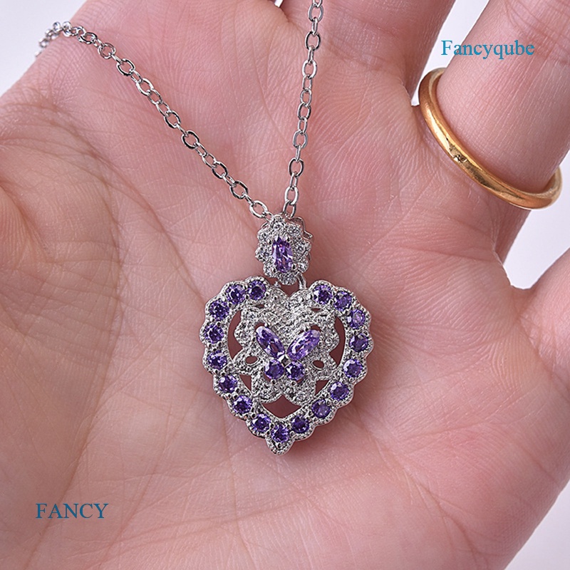 Kalung Rantai Sterling Silver 925 Dengan Liontin Kupu-Kupu + Berlian + Batu Amethyst + Zircon Untuk Wanita