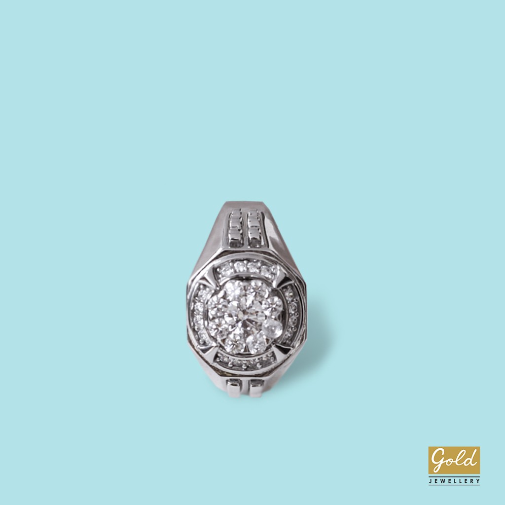 Cincin signature pria mata zircon emas putih 750 17k