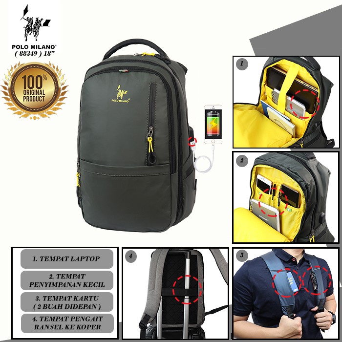 TAS RANSEL IMPORT TERMURAH BIG SALE POLO MILANO - 88349 - TAS RANSEL PRIA USB ANTI AIR READY STOCK