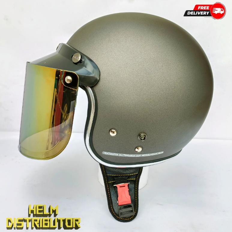 HELM BOGO RETRO KUALITAS PREMIUM LIS CHROME KACA DATAR FULL LEHER SNI DEWASA PRIA WANITA (COD)