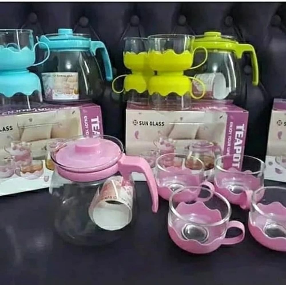 Tea Pot Set 5 In 1 / Tea Pot Saringan / Teko Kaca Set Warna