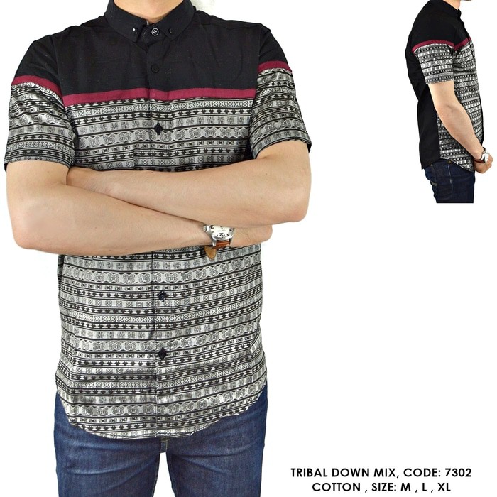 KEMEJA PRINT FASHION BATIK TRIBAL KOMBINASI POLOS COWOK PRIA