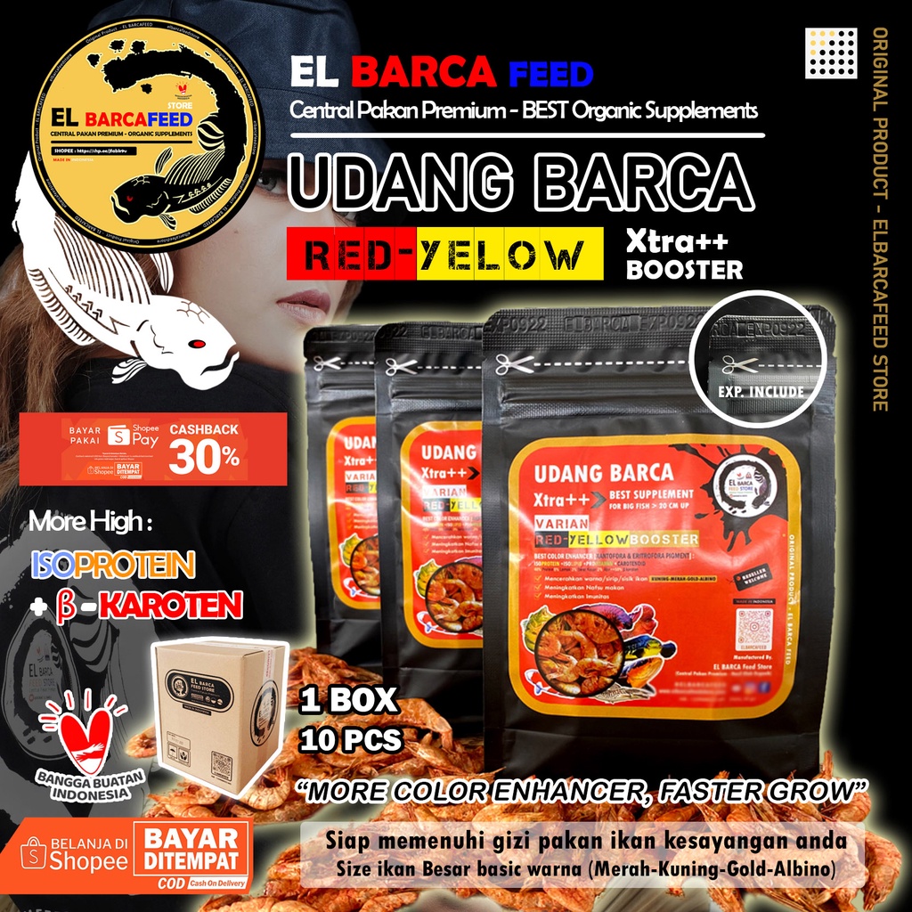 UDANG BARCA Xtra++ [RED-YELLOW BOOSTER] UDANG BESAR untuk ikan 20 cm keatas PUSH SUPER RED-YELLOW-GOLD-ALBINO COLOR - EL BARCA Feed - Pakan Ikan Channa, Arwana, Louhan, Koi,  Predator