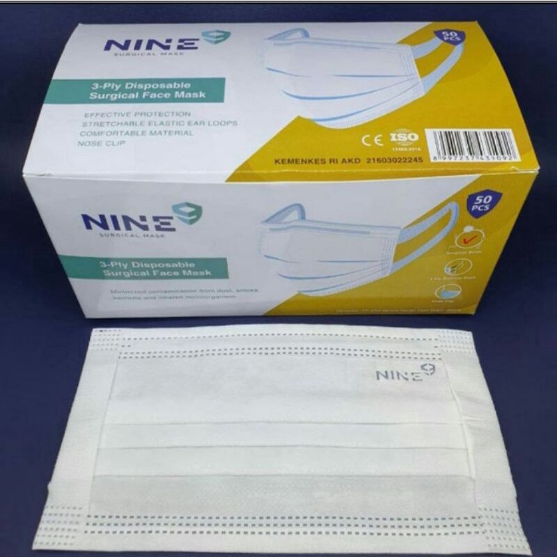 Masker NINE 3Ply Tali Besar Medis Kemenkes isi 50pcs - Putih