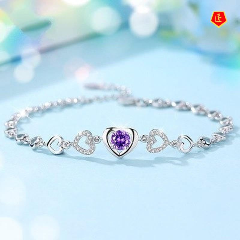 [Ready Stock]925 Silver Fashion Heart-Shaped Hollow Purple Diamond Bracelet