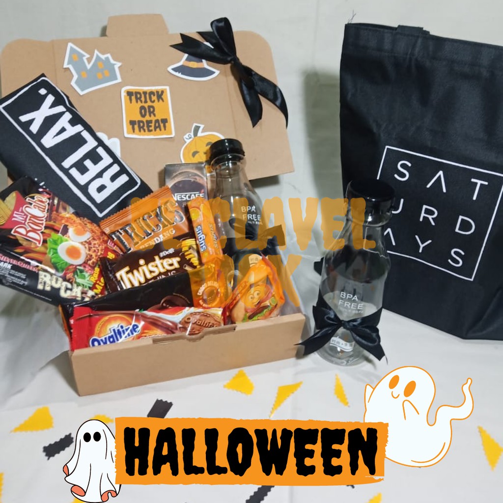 SNACK BOX HADIAH WISUDA / ULANG TAHUN / BUKET SNACK BOX / HAMPERS SNACK BOX TEMA HALLOWEEN HITAM