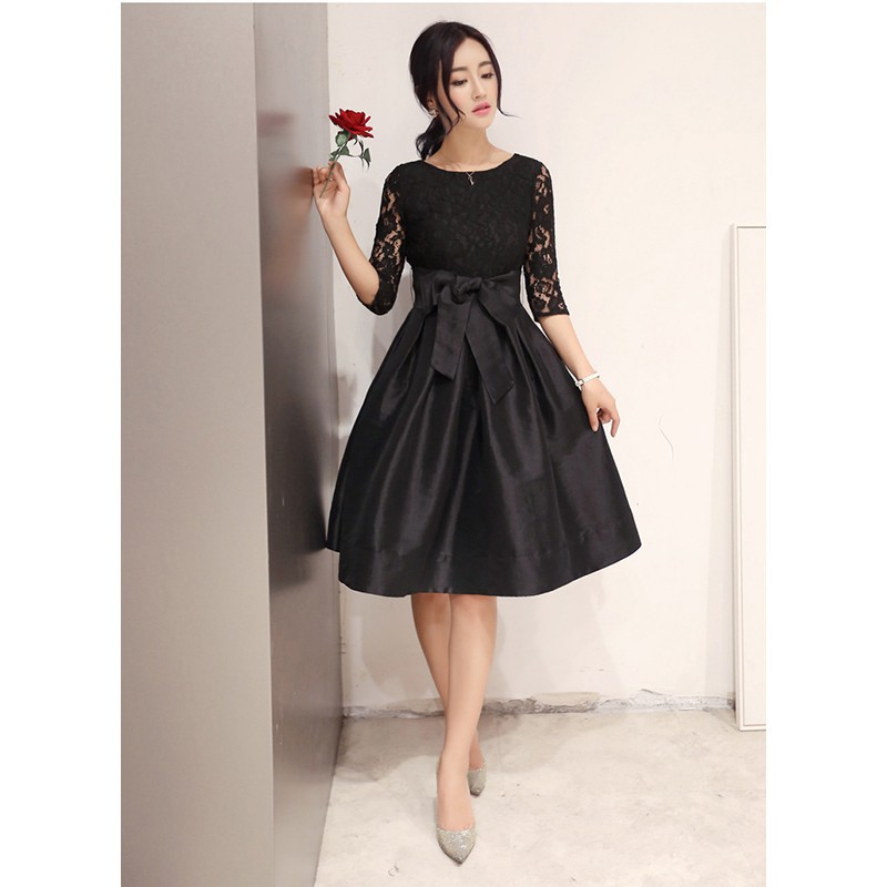 Dress Midi Korea O-Neck Lengan 3 / 4 Aksen Renda Warna Polos untuk Wanita