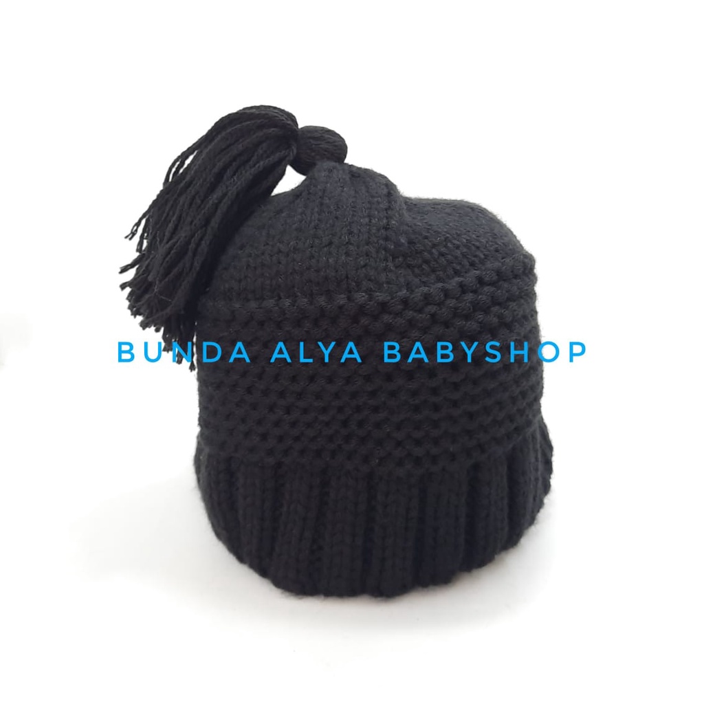 Topi Kupluk Anak Wol Bulu Kupluk Rumbai Rajut Hitam Import Untuk Usia 6bulan-4tahun Motif Polos Bahan Woll Halus