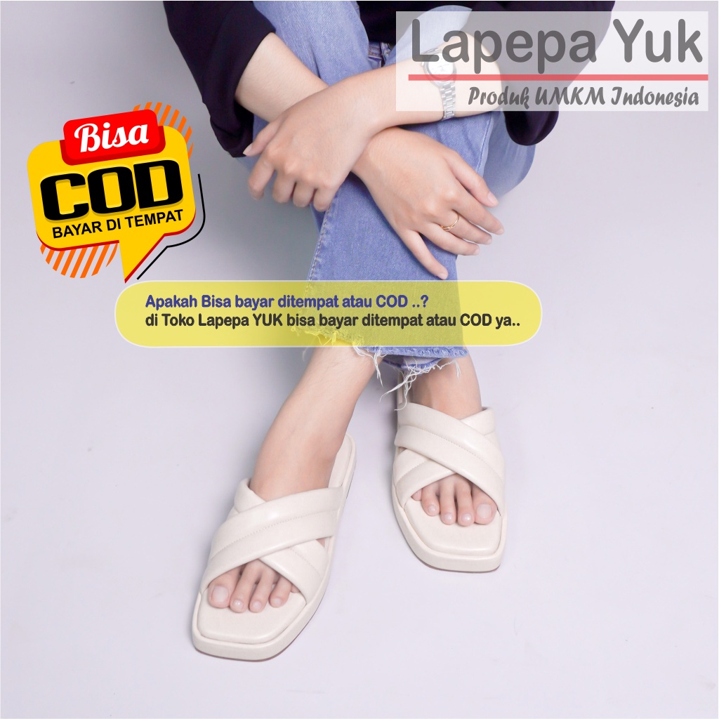 LAPEPA YUK - Sandal Wanita Teplek BELLA Sendal Cewek Platform Wedges Kondangan Hak Tinggi  2cm Model Silang 2 Size 36 37 38 39 40 Jalan Casual Santai Slop Warna CREAM Soft Selop Premium Citayem Fashion Original Kekinian Terbaru Shoes Mall Official Store