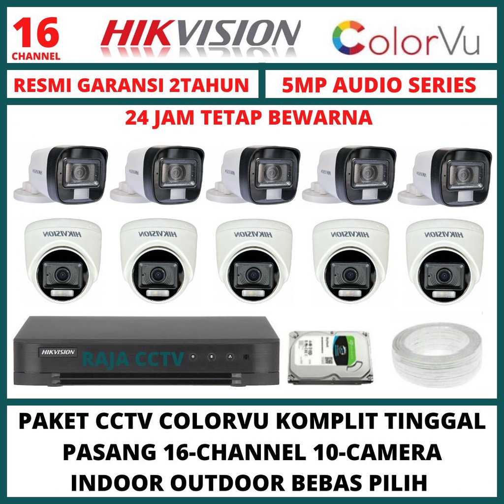 PAKET CCTV HIKVISION 5MP COLORVU 16 CHANNEL 10 CAMERA TURBO HD 3K COLORFUL KAMERA CCTV AUDIO SERIES