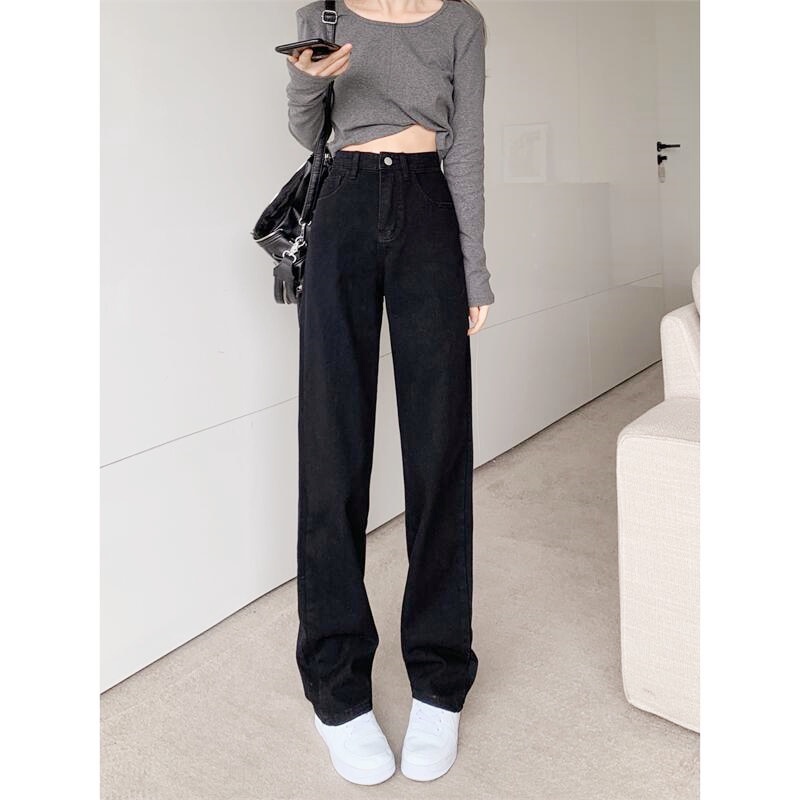 Hitam Celana Panjang High Waist Korean Straight Jeans Kulot Jeans Wanita Kekinian