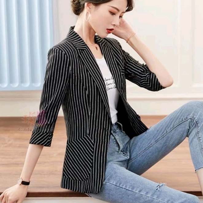 37700 Baju Outer Blazer luaran kerja salur hitam putih Korean style cewek import baju atasan blazer 