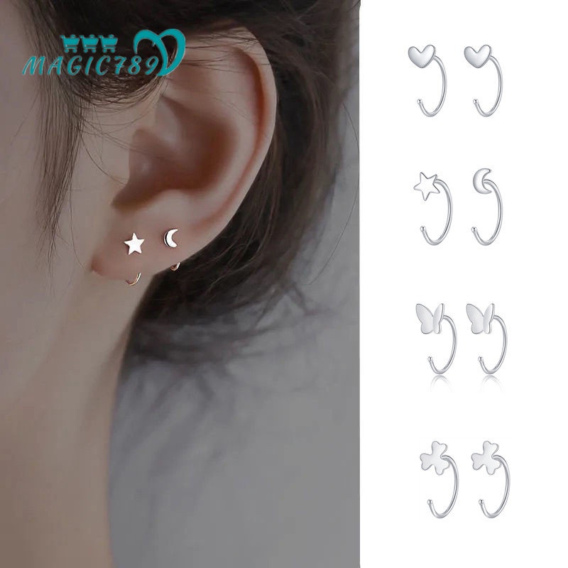 Papaozhu Chic s925 Perak Kupu-Kupu Bintang Bulan Klip Anting-Anting Untuk Wanita Perempuan Korea Semanggi Jantung Stud Anting-Anting Telinga Tulang Penjepit Pernikahan Pertunangan Fashion Telinga Perhiasan