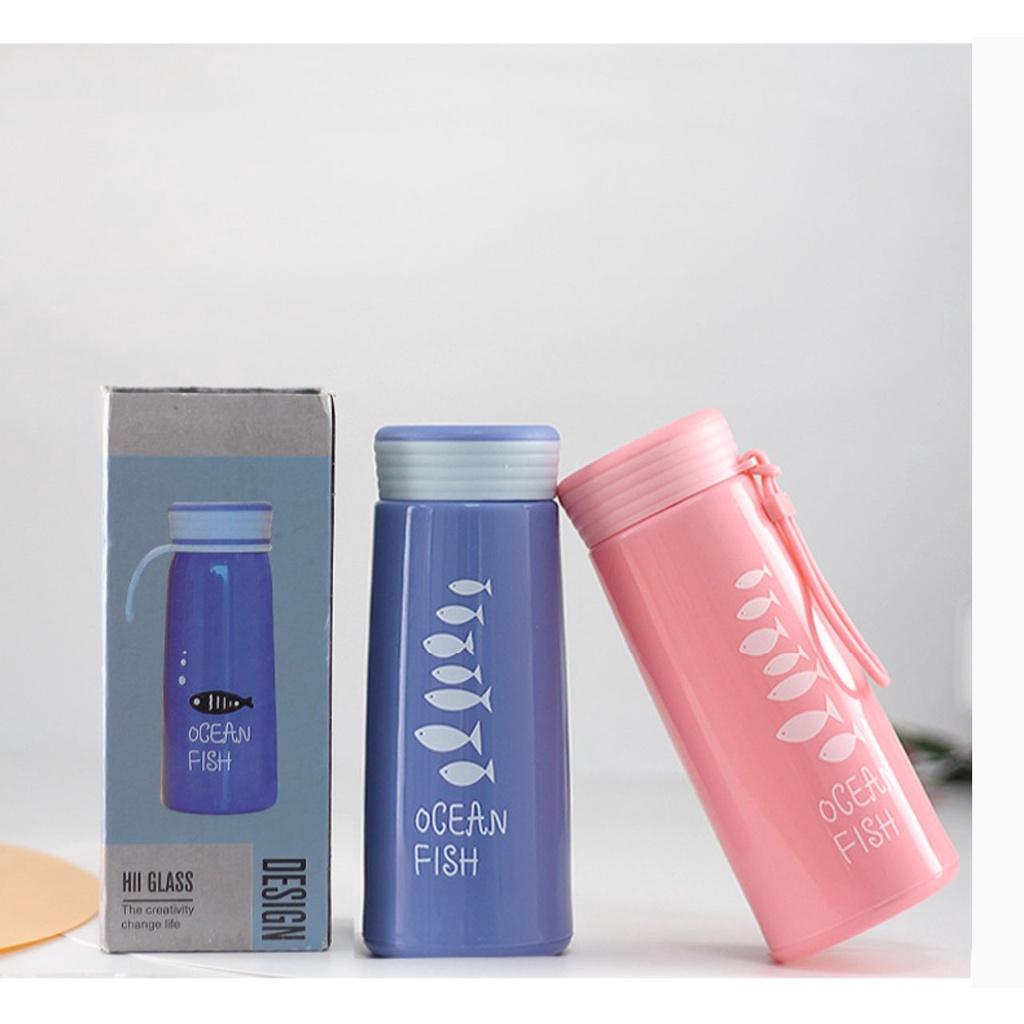 LDS BM5 Botol Minum Kaca Ocean Fish 360ml / Minnow Cup Tumbler / Botol Minum Ocean Fish Import / Tumbler Botol Minum Kaca Bening Cover Plastik Motif Ikan